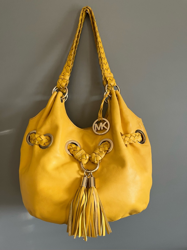 Michael Kors Tassel Mustard Yellow Leather Hobo W/Braided Straps & Drawstring